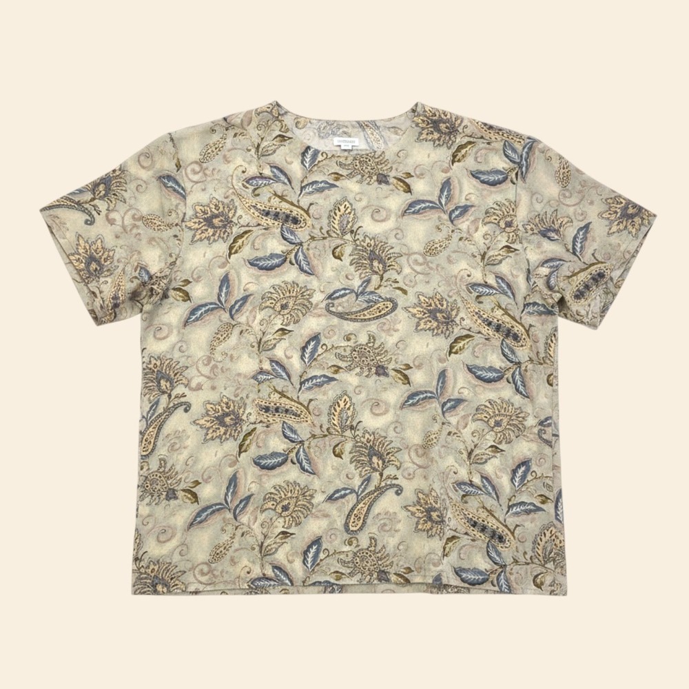 Vintage Talbots Silk Blouse 12 Sage Green Paisley earth Tone Floral 90s Boxy MOP